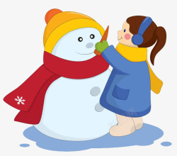 雪地里的女孩卡通女孩堆雪人高清图片