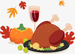 感恩节树叶感恩节的卡通火鸡大餐和美酒高清图片