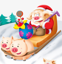 喜庆雪橇小猪圣诞老人插画高清图片