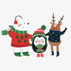 彩绘圣诞节雪地熊鹿和企鹅矢量图素材