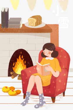 小女孩壁炉旁边看书小雪素材
