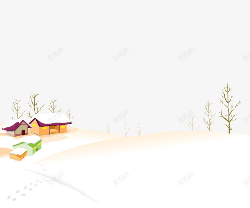 简洁雪景图psd免抠素材_88icon https://88icon.com 圣诞节 房屋 树木 背景图 脚印