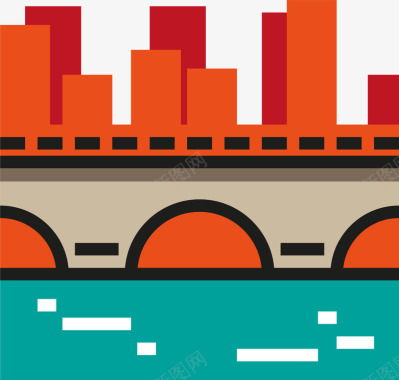 扁平化海面道路红色城市建筑桥梁图标图标
