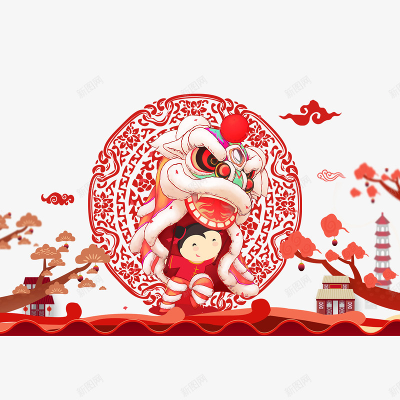 中国风舞狮祥云剪纸psd免抠素材_88icon https://88icon.com 中国风舞狮剪纸 剪纸对联 彩绘舞狮 祥云 红色 舞狮 节日庆祝 装饰图案