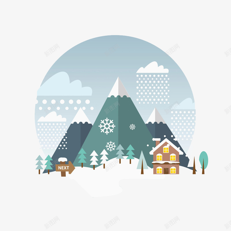 雪中的山和房屋png免抠素材_88icon https://88icon.com 卡通 商务 彩色 房屋 扁平风格 手绘 松树 雪山