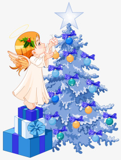 踩着礼物触碰圣诞树的天使素材