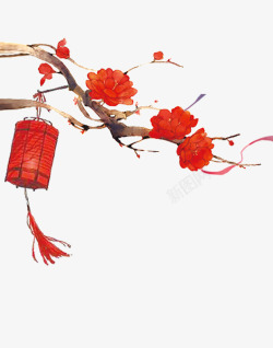 新年气氛庙会红色灯笼红梅花节日气氛高清图片