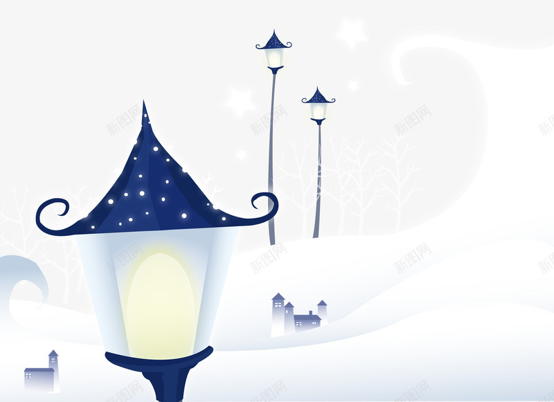 唯美童话故事插画png免抠素材_88icon https://88icon.com 下雪天 房子 插画 路灯 雪 雪地