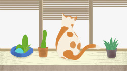 卡通手绘站立在窗户边的猫咪素材