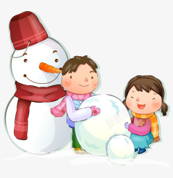 滚雪球卡通手绘兒童滚雪球堆雪人高清图片