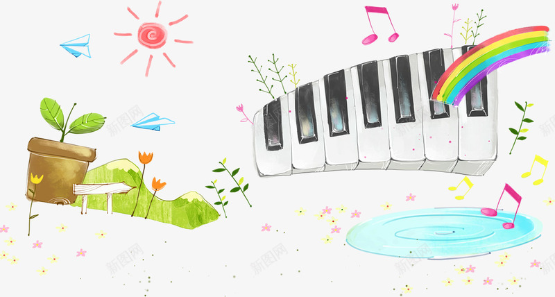 钢琴与音符png免抠素材_88icon https://88icon.com 太阳 彩虹 盆栽 纸飞机 花朵 音符