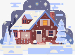 被雪覆盖的雪松紫色卡通夜晚雪屋装饰矢量图高清图片