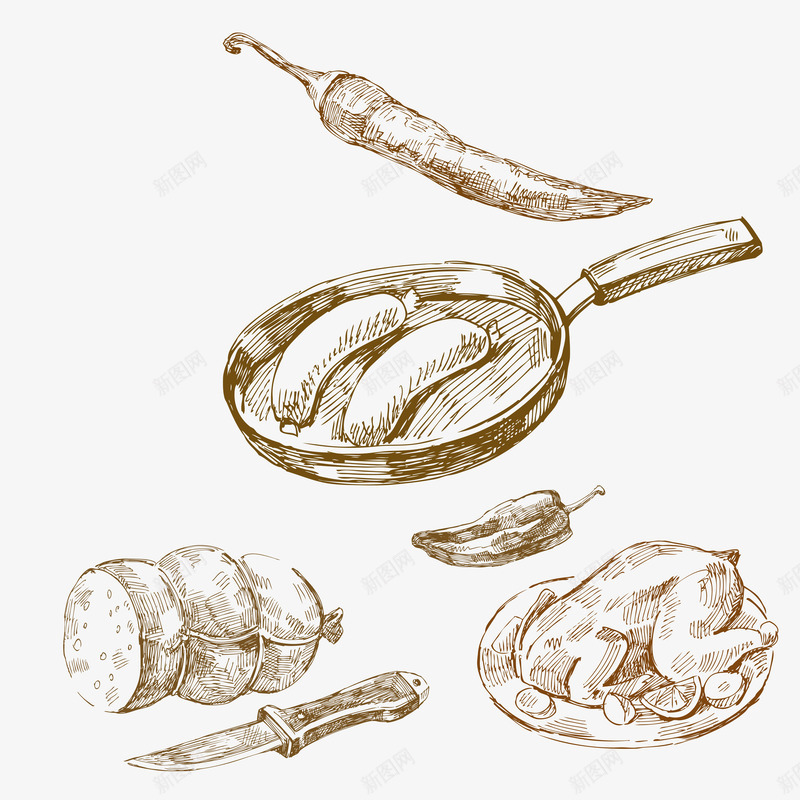 线绘烧烤美食png免抠素材_88icon https://88icon.com 刀具 烤鸡 矢量源文件 美食街 辣椒