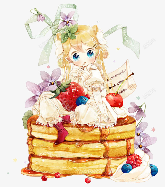 蛋糕上的小姑娘png免抠素材_88icon https://88icon.com 可爱儿童插画 可爱卡通 可爱卡通女孩 女孩 奶油 彩绘 樱桃 草莓 蛋糕