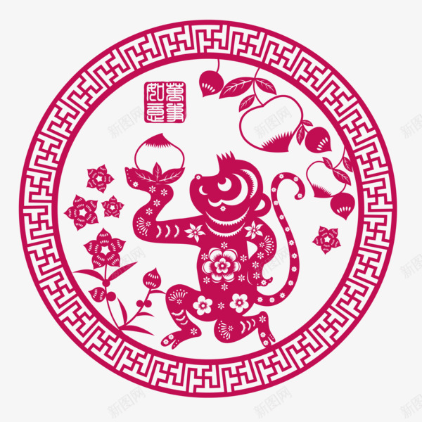 圆形猴子剪纸png免抠素材_88icon https://88icon.com 中国风 剪纸 十二生肖边框 新年 桃子 猴子 生肖 节日 花朵 花纹 边框