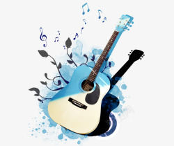 吉他帽子背景图片蓝色水墨和吉他片高清图片