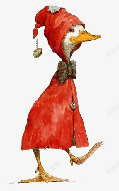 鸭子卡通装饰画png免抠素材_88icon https://88icon.com 写实手绘 可爱的鸭子 带帽子的鸭子 穿斗篷的鸭子 红色外衣 装饰画 鸭子