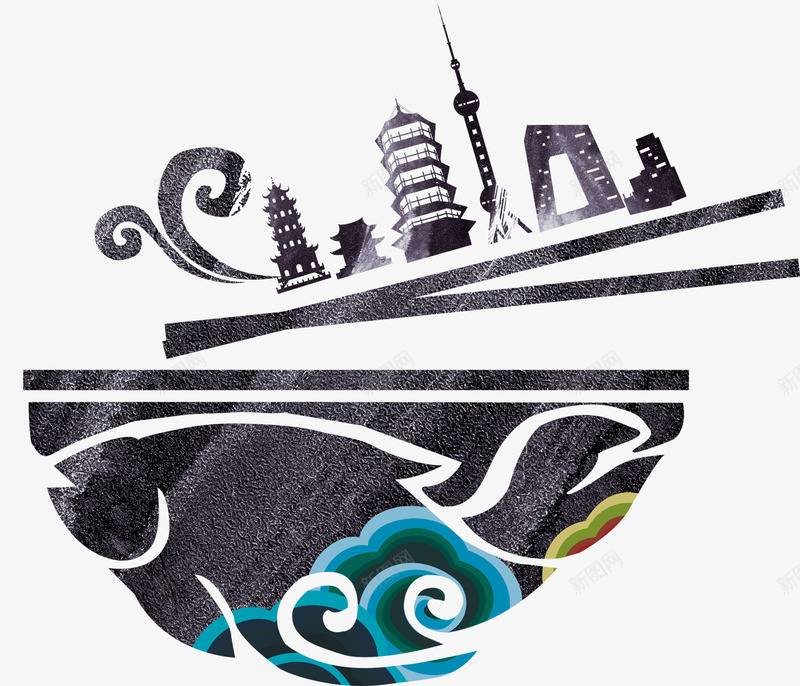 中国风碗筷和城市建筑png免抠素材_88icon https://88icon.com 上海 中国风 城市 大吃四方 宝塔 水墨 碗筷 经典 餐饮 饮食文化