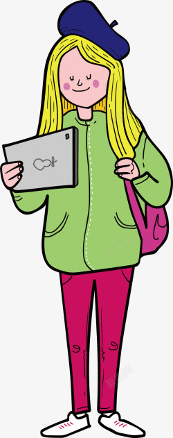 卡通旅游人物黄发女孩背包客矢量图素材