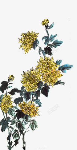 手绘黄色复古菊花装饰素材