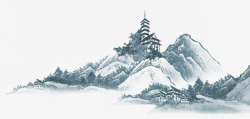 塔楼中国风水墨山水画高清图片