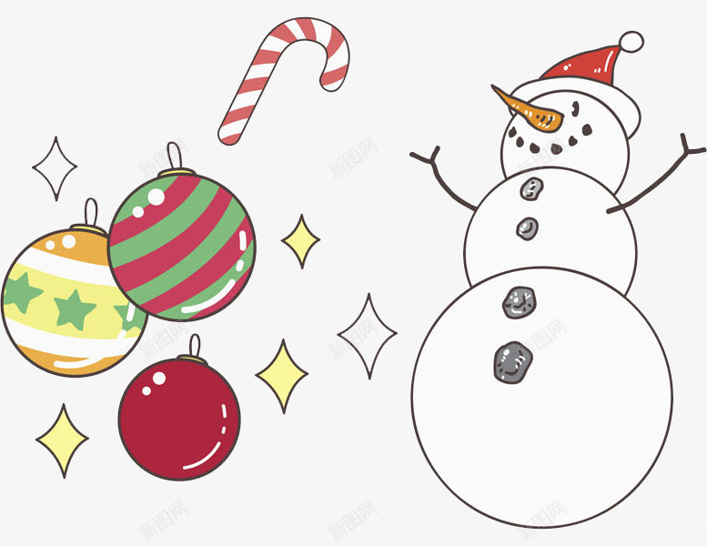 手绘雪人和彩球图png免抠素材_88icon https://88icon.com 卡通 可爱的 圣诞球 圣诞节 拐杖 装饰 雪人