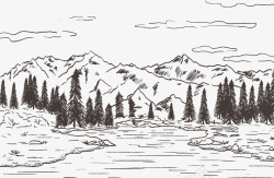 手绘卡通冰封雪山背景手绘森林高清图片