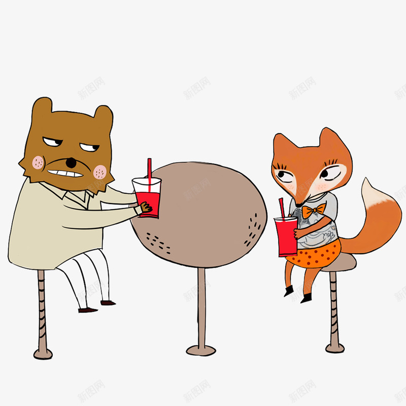 喝果汁的狐狸和狼png免抠素材_88icon https://88icon.com 动物 卡通 喝果汁 插画 椅子 狐狸 狡猾的 狼