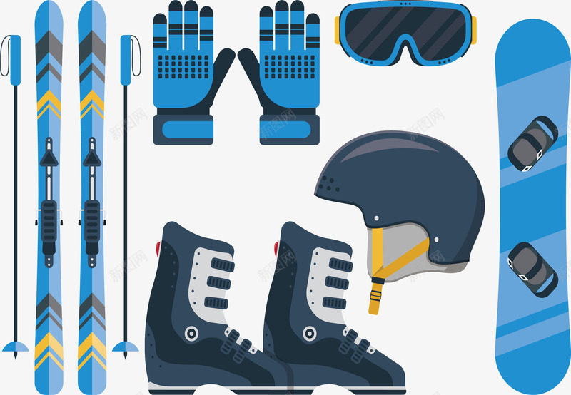 蓝色系冰雪运动工具矢量图ai免抠素材_88icon https://88icon.com 冬季运动 冰鞋 滑雪板 滑雪装备 矢量png 运动装备 矢量图