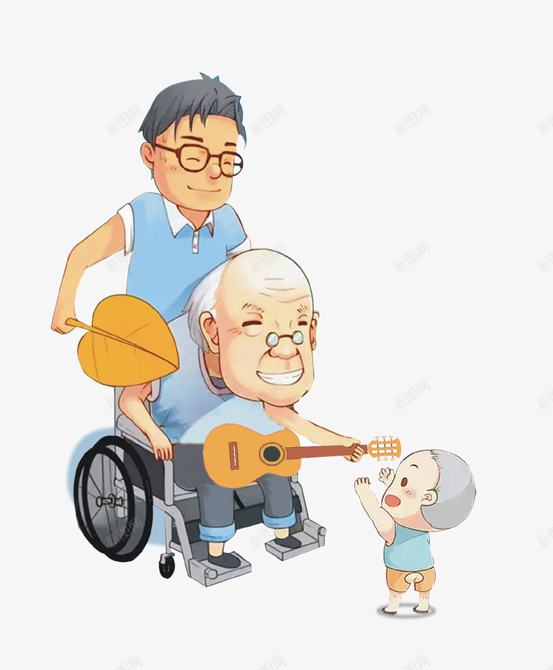 卡通手绘祖孙三代插画psd免抠素材_88icon https://88icon.com 卡通手绘 吉他 坐轮椅的老人 孝顺 孝顺孩子 手绘祖孙 插画 祖孙三代 老人 轮椅