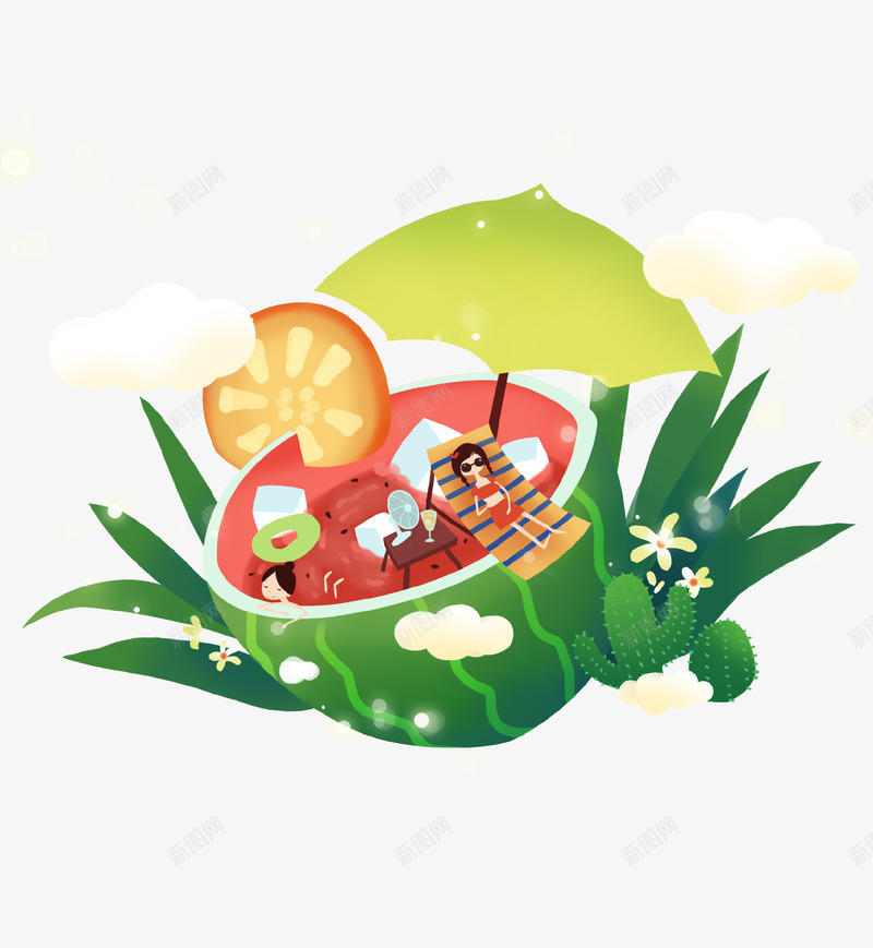 卡通清凉夏日西瓜插画psd免抠素材_88icon https://88icon.com 休息 创意设计 卡通 夏季 树叶 水果 清凉 西瓜