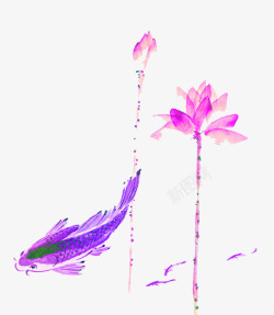 紫色小鱼彩绘鱼和莲花高清图片