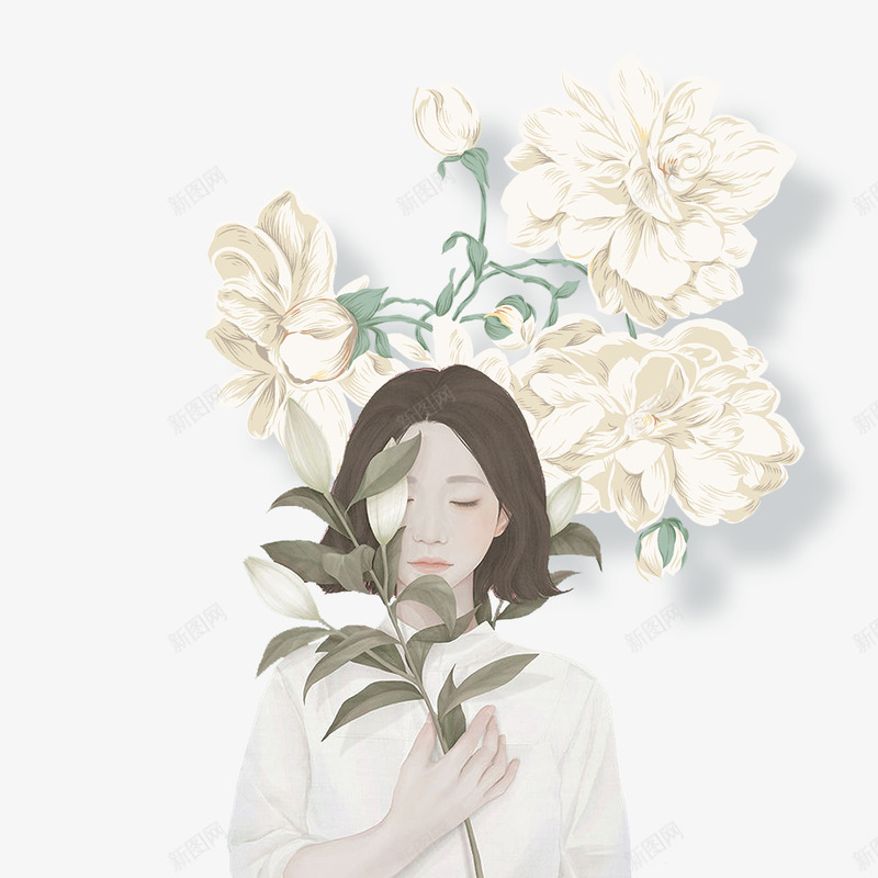 拿着白色花朵的女人psd免抠素材_88icon https://88icon.com 中国风 卡通 小清醒 手绘 民国服饰 白色 花朵