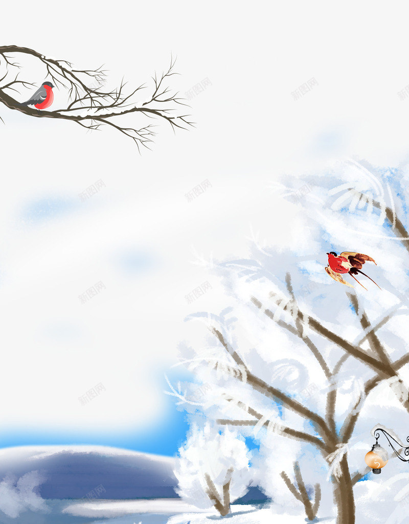 雪景背景元素图psd免抠素材_88icon https://88icon.com 树 树枝装饰 雪天 雪景 鸟