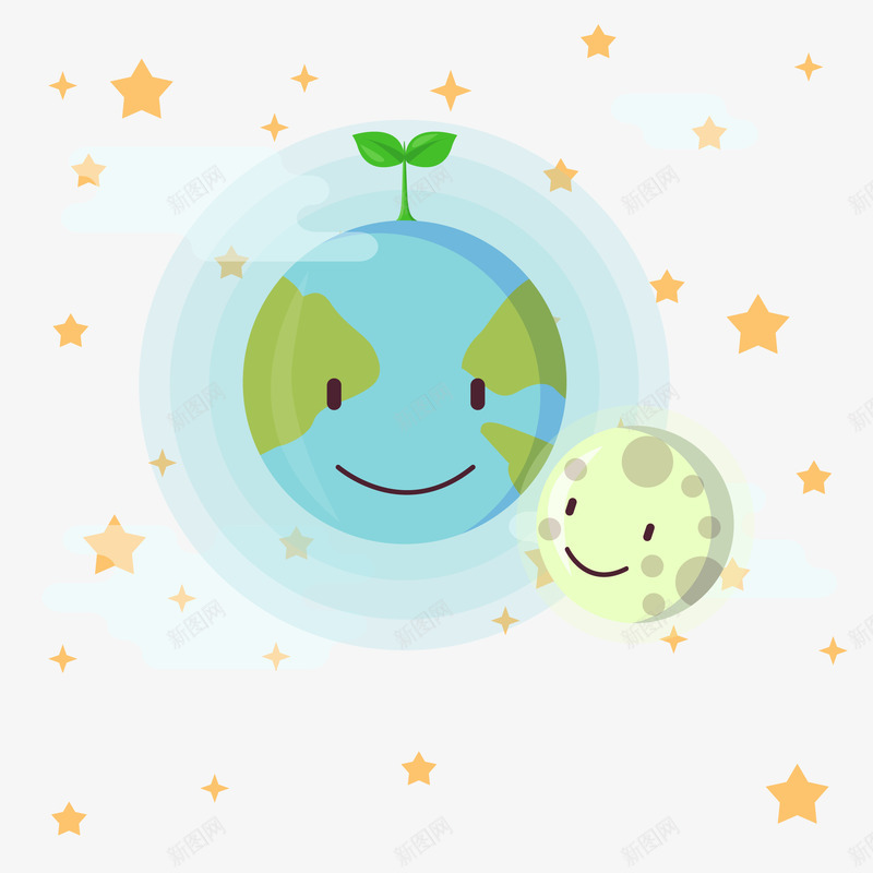 地球与月球矢量图ai免抠素材_88icon https://88icon.com 世界地球日 可爱 微笑 星星 月球 树苗 矢量地球 表情 矢量图