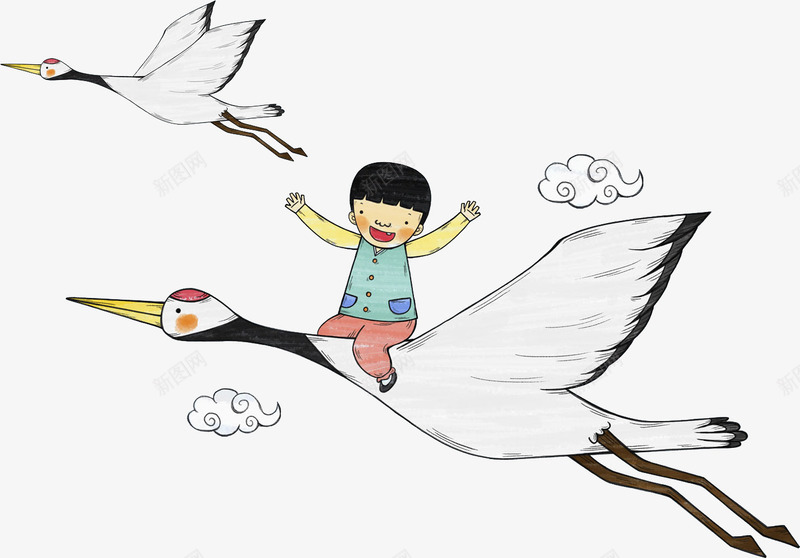 飞翔的大雁和小男孩png免抠素材_88icon https://88icon.com 两只大雁 卡通 小男孩 开心 手绘 白云 白色 飞翔