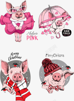 潮猪4款手绘新年圣诞猪矢量图高清图片