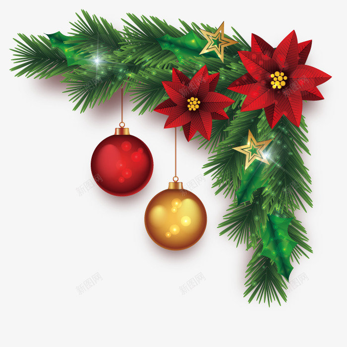 圣诞节植物png免抠素材_88icon https://88icon.com 两颗球 五角星 叶子 形状 彩球 挂饰 松树枝 树叶 红色黄色 红花 绿色 艺术 花朵