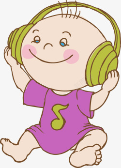 坐着着的宝宝带耳机听音乐的娃娃高清图片