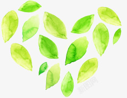 手绘水彩绿色树叶桃心素材