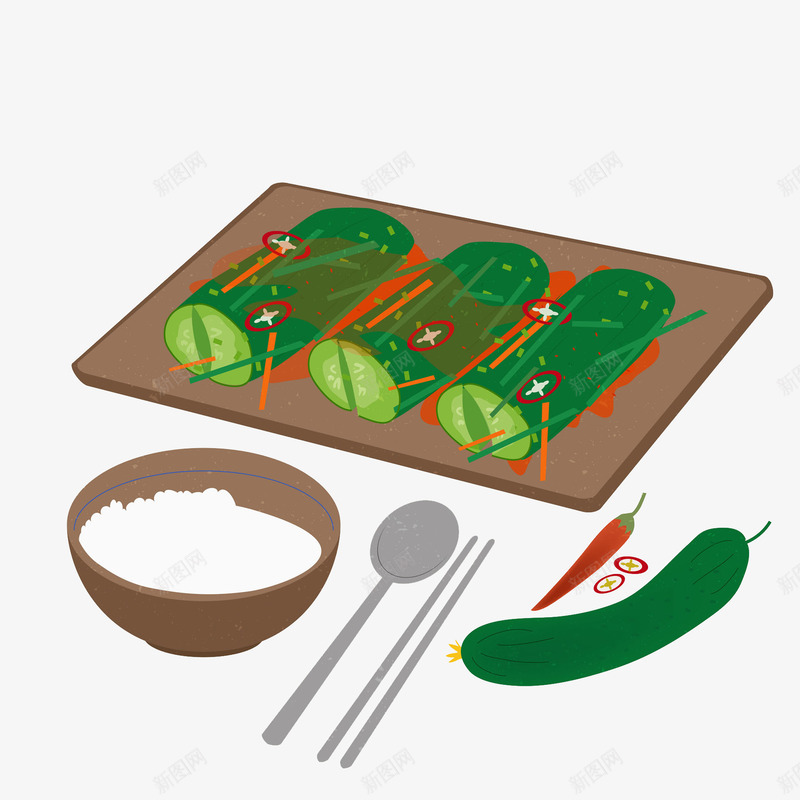 卡通黄瓜米饭图png免抠素材_88icon https://88icon.com 卡通 拍黄瓜 插图 盘子 米饭 美食 辣椒 食物