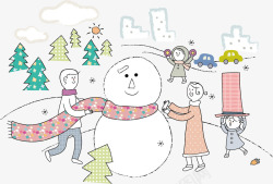 手绘堆雪人的幸福一家人素材