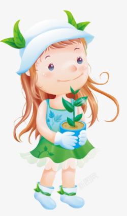 手捧花盆女孩素材