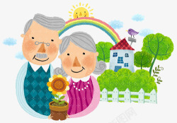 手绘爷爷奶奶手抱盆栽素材