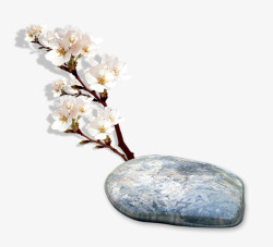 白色樱花枝石头装饰图案素材