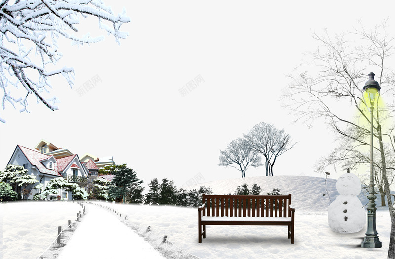 美丽的冬季风景png免抠素材_88icon https://88icon.com 小路 房子 景色 路灯 路边风景 雪人 雪景 飞雪