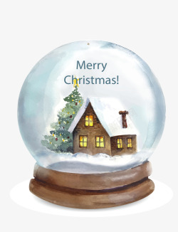 暖冬水晶球水彩手绘圣诞小屋水晶球高清图片