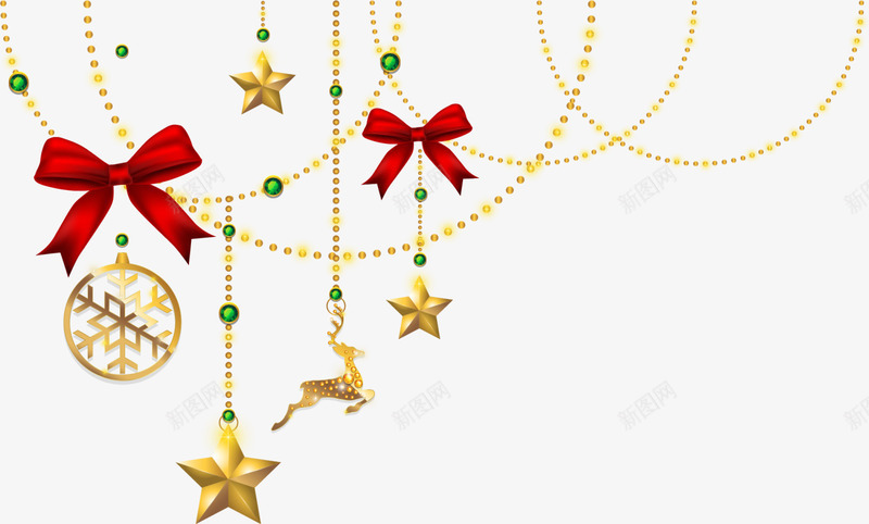 圣诞节金色星星装饰png免抠素材_88icon https://88icon.com 圣诞节装饰 星星装饰 红色蝴蝶结 金色圣诞球 金色星星 金色链子