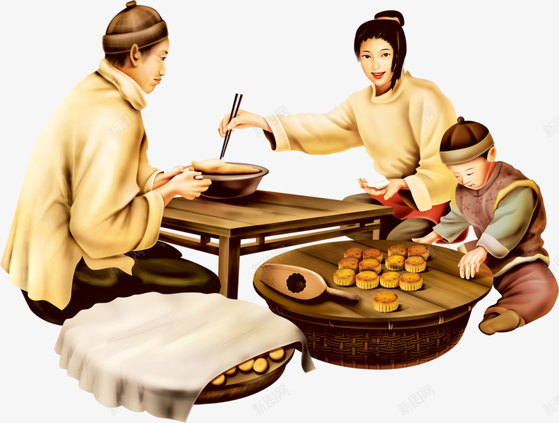 中国风做月饼的一家古风手绘png免抠素材_88icon https://88icon.com 一家 古风 国风 月饼