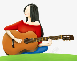 踏青简约手绘卡通弹吉他的美女插素材